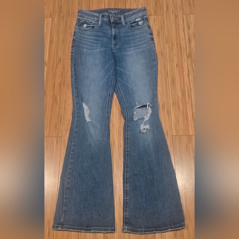 Edgely Distressed Flare Jeans in Light Blue